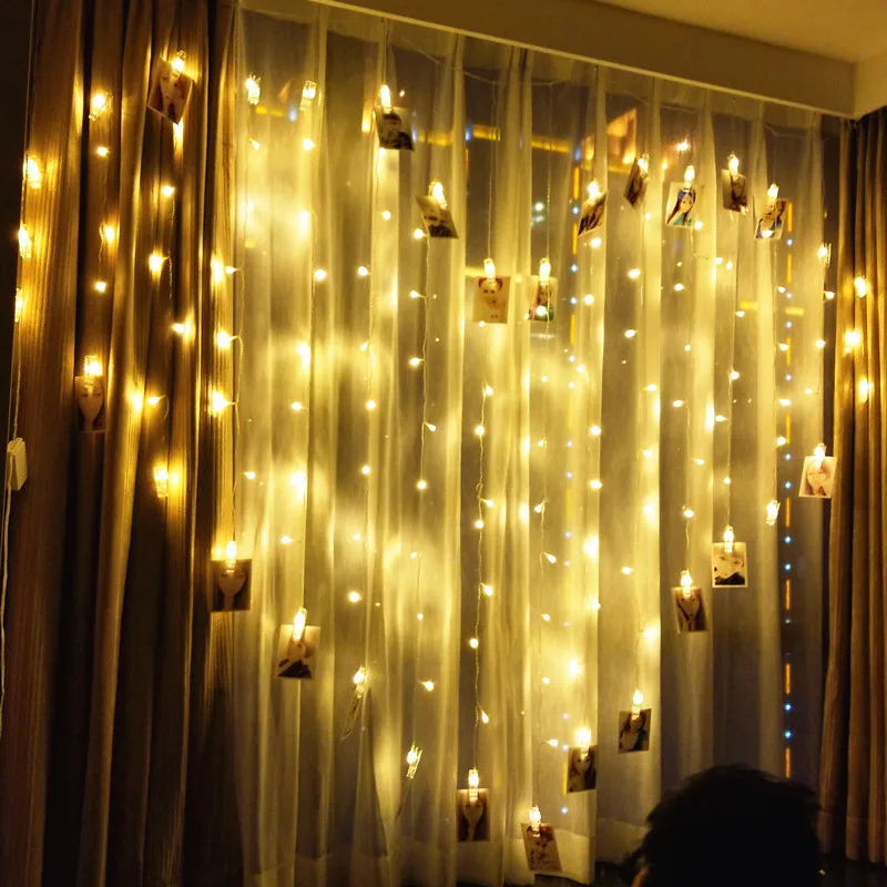 LED String Fairy Light Clip Shape Curtain 128LED 32 Drop Card Photo Clips Xmas Wedding Garland AC220V 2X1.5M | Лампы и освещение