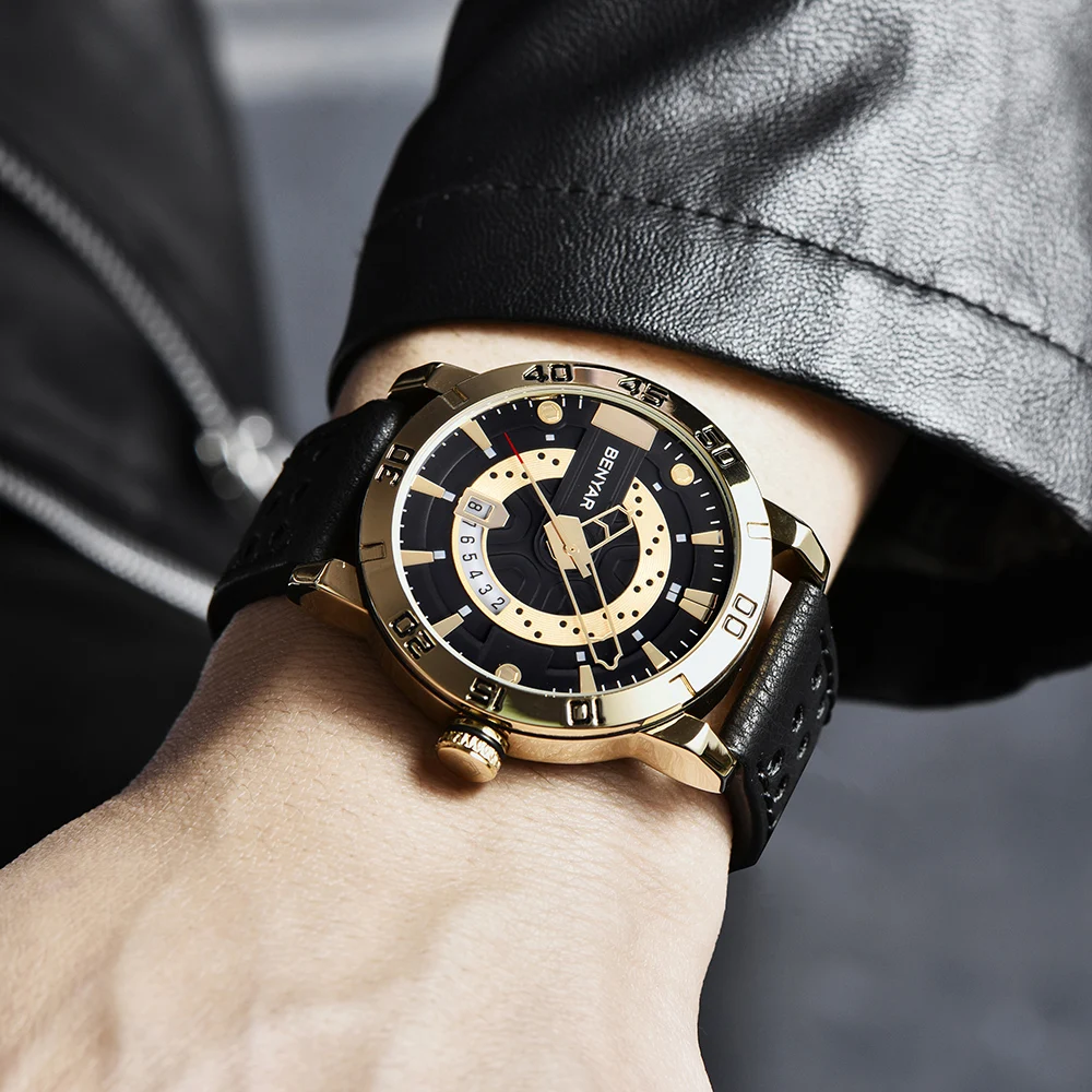 Мужские спортивные часы BENYAR дизайнерские водонепроницаемые кварцевые с кожаным