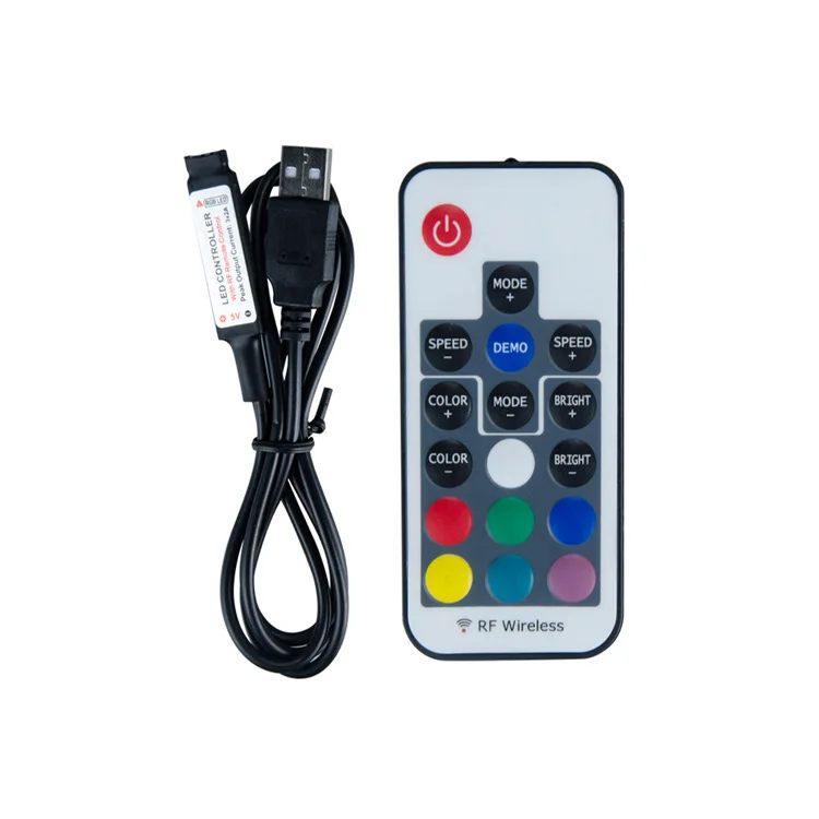 USB RGB LED Controller 17key 12A RF Wireless Mini Remote Controller for RGB 3528 5050 smd Led Strip tape lighting 5-24V
USB RGB LED Controller 17key 12A RF Wireless Mini Remote Controller for RGB 3528 5050 smd Led Strip tape lighting 5-24V
