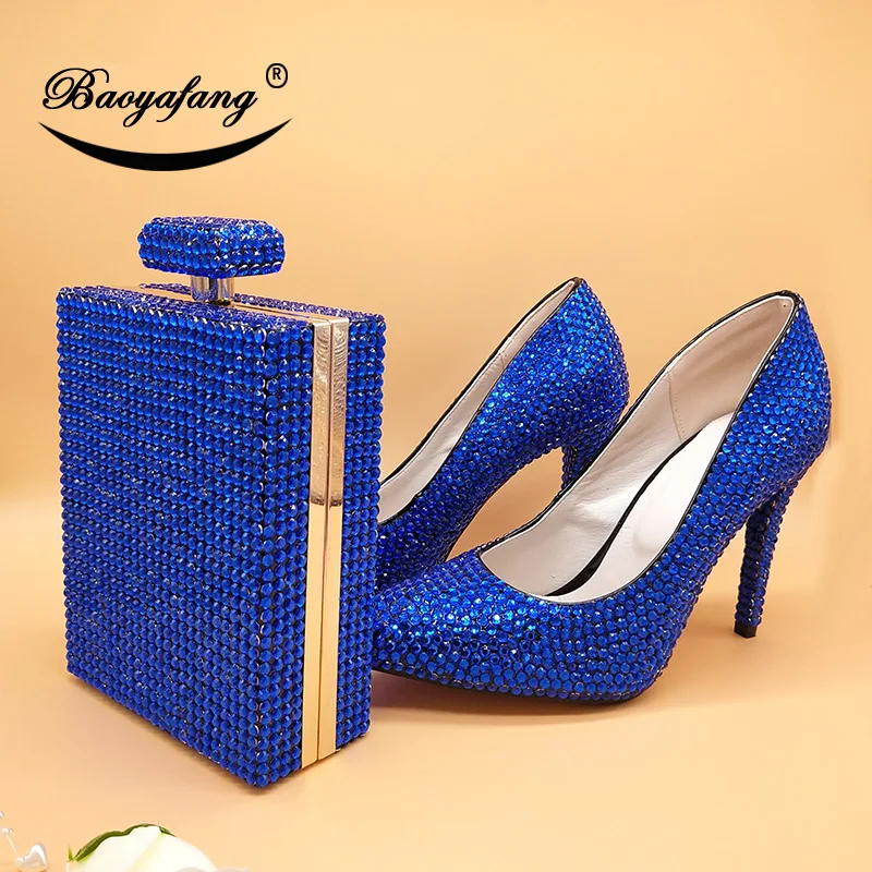 

BaoYaFang королевские синие/оранжевые свадебные туфли с кристаллами и сумочкой, туфли-лодочки на высоком каблуке 11 см, женские туфли на платформе с заостренным носком