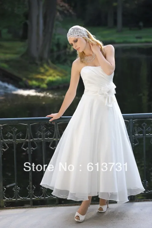 Wholesale - 2013 Elegent Ivory A-line Ruched Organza Ankle Length Wedding dresses With Flowers Sashes | Свадьбы и