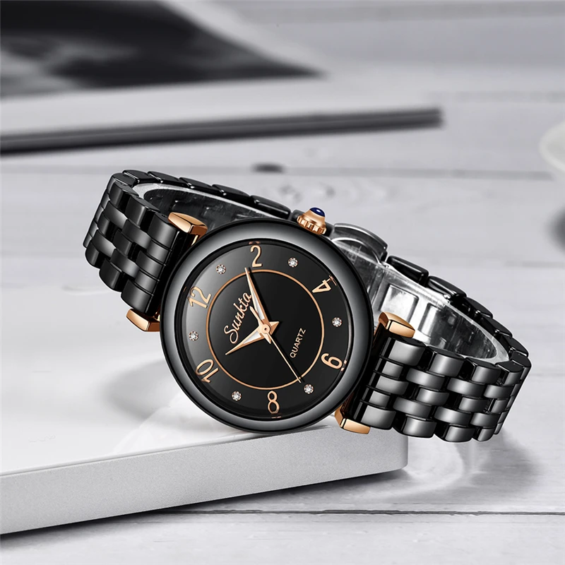 Часы наручные SUNKTA женские с керамическим ремешком брендовые Роскошные Кварцевые