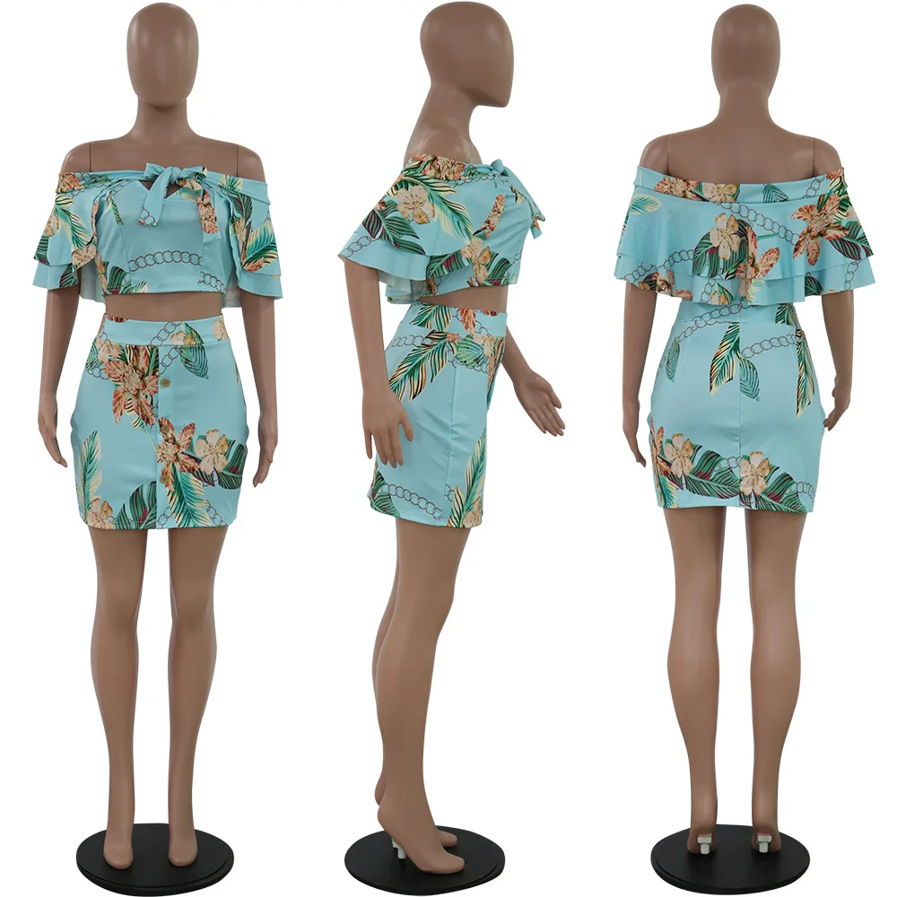 Sexy Off Shoulder Slash Neck Bow Crop Top Bodycon Mini Dress Dress Suit Ruffles Print Fashion Two Piece Suit Women Sets 
Sexy Off Shoulder Slash Neck Bow Crop Top Bodycon Mini Dress Dress Suit Ruffles Print Fashion Two Piece Suit Women Sets