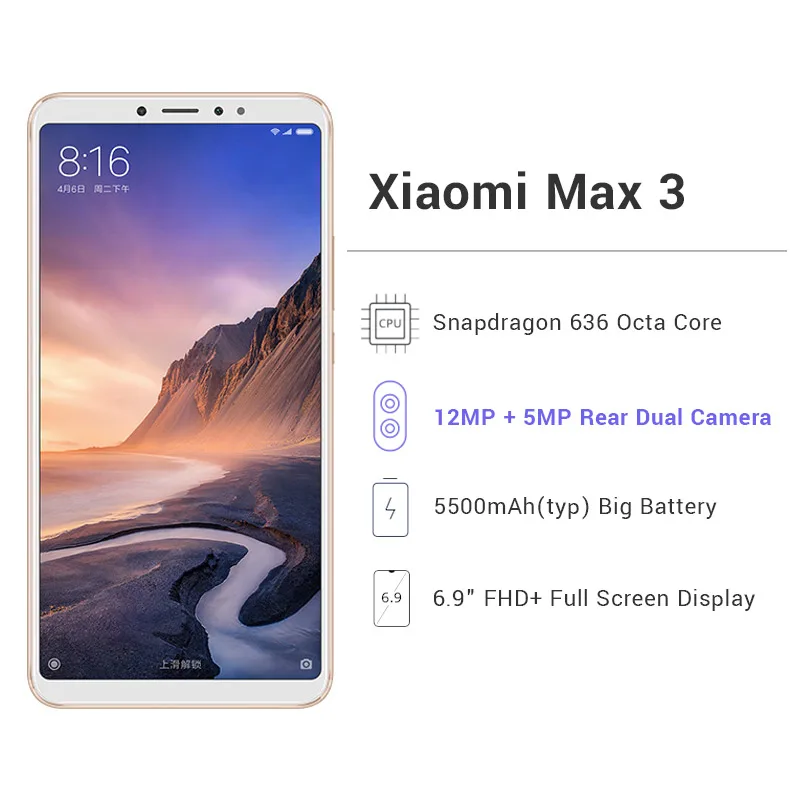 Xiaomi Mi Max 3 смартфон с восьмиядерным процессором Snapdragon 636 ОЗУ 6 ГБ ПЗУ 128