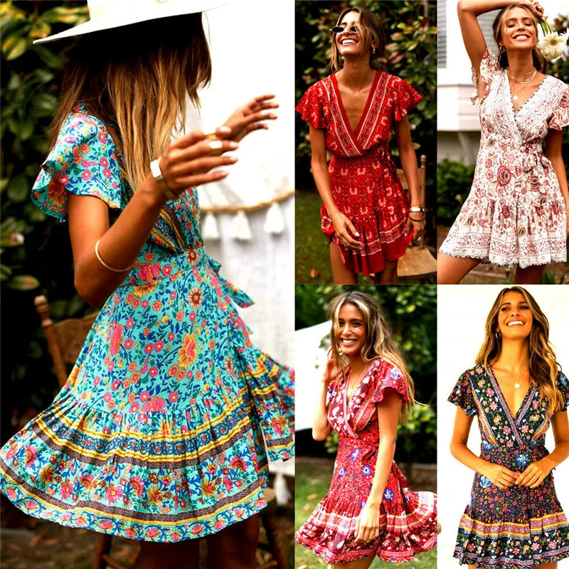 Women Short Sleeve Wrap Boho Floral Mini Dress Ladies Summer Sundress Holiday Dresses
Women Short Sleeve Wrap Boho Floral Mini Dress Ladies Summer Sundress Holiday Dresses