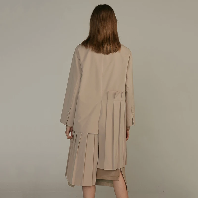 DEAT 2020 New Spring Summer Lapel Long Sleeve Khaki Irregular Hem Pleated Split Joint Windbreaker Women Trench Fashion JQ483 | Женская