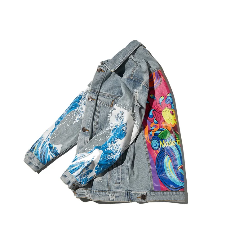 New Harajuku style Men Denim Jackets Japanese Carp Funny Wave Printed Loose Graffiti Jacket Frayed Broken Coats 
New Harajuku style Men Denim Jackets Japanese Carp Funny Wave Printed Loose Graffiti Jacket Frayed Broken Coats