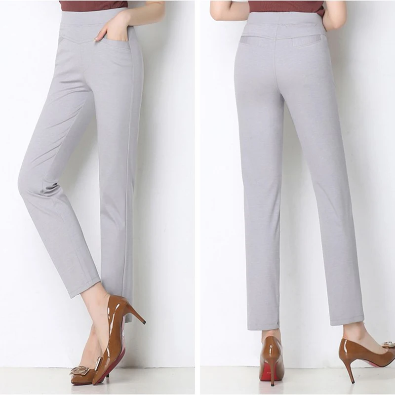 2019 Spring Summer Candy Color Women Pants High Elastic Waist Stretch Formal Straight Plus size Casual Nine AA859 | Женская одежда