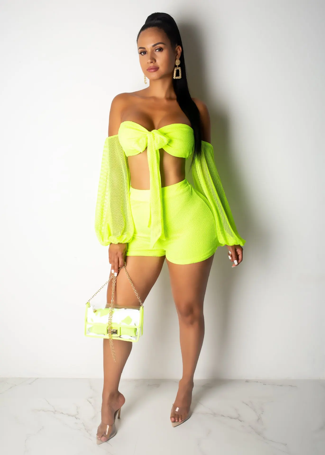Cross-border women's wear European and American fashionable sexy Shoulder-exposed mesh breathable chest pleating two sets
Cross-border women's wear European and American fashionable sexy Shoulder-exposed mesh breathable chest pleating two sets
