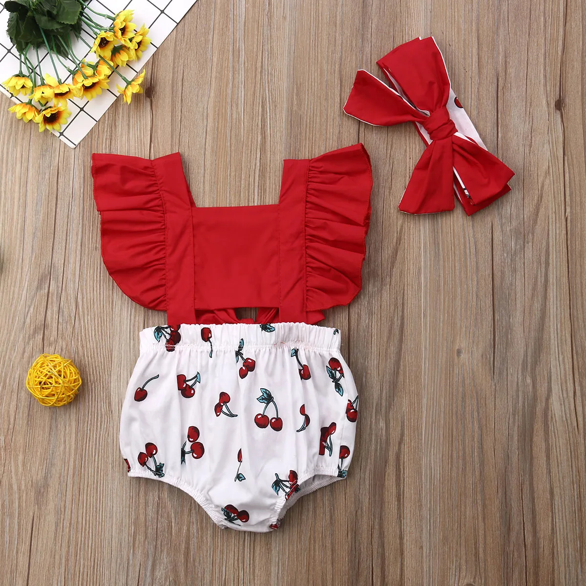 2pcs Newborn Baby Girl Ruffle Cherry Print Bodysuits Headband Sunsuit Outfits Summer Clothes
2pcs Newborn Baby Girl Ruffle Cherry Print Bodysuits Headband Sunsuit Outfits Summer Clothes