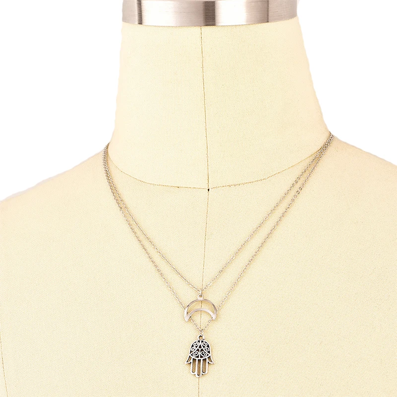 2 Pcs/Set Women Necklace Hollow Moon Farama Hand Pendant Multilayer Silver Color Set Bohemian Beach Party Jewelry | Украшения и
