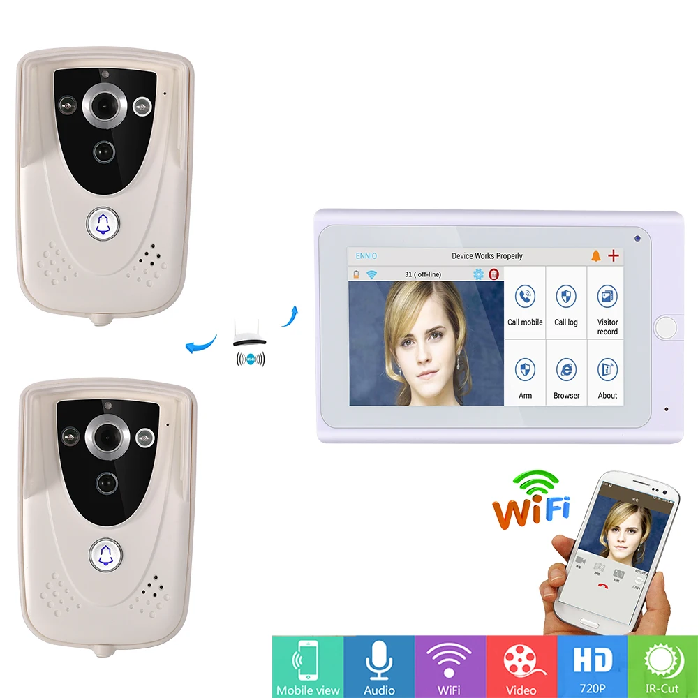 

720P 7" TFT WiFi Wireless Video DoorPhone intercom Doorbell Camera PIR IR Night Vision with 1 monitor 2 Outdoor camera