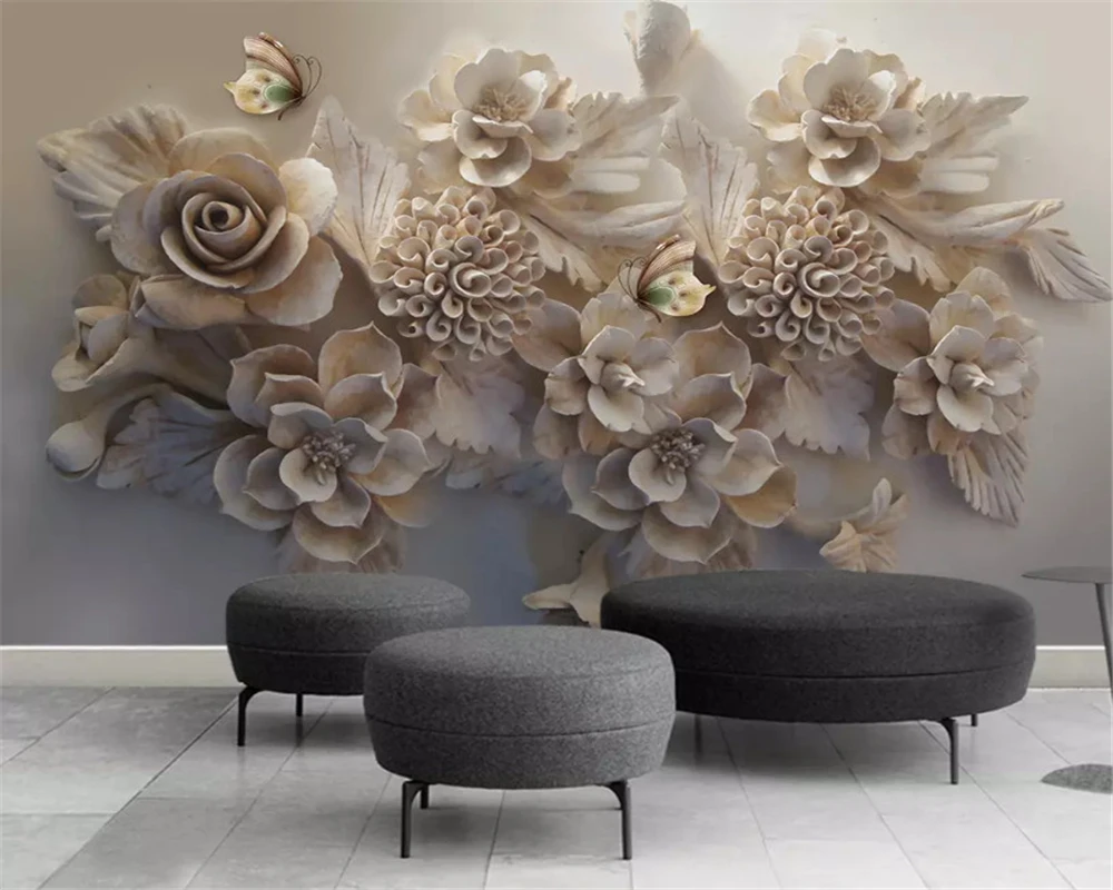 

beibehang Beautiful three-dimensional relief flowers butterfly TV background modern stereo papel de parede 3d wallpaper behang