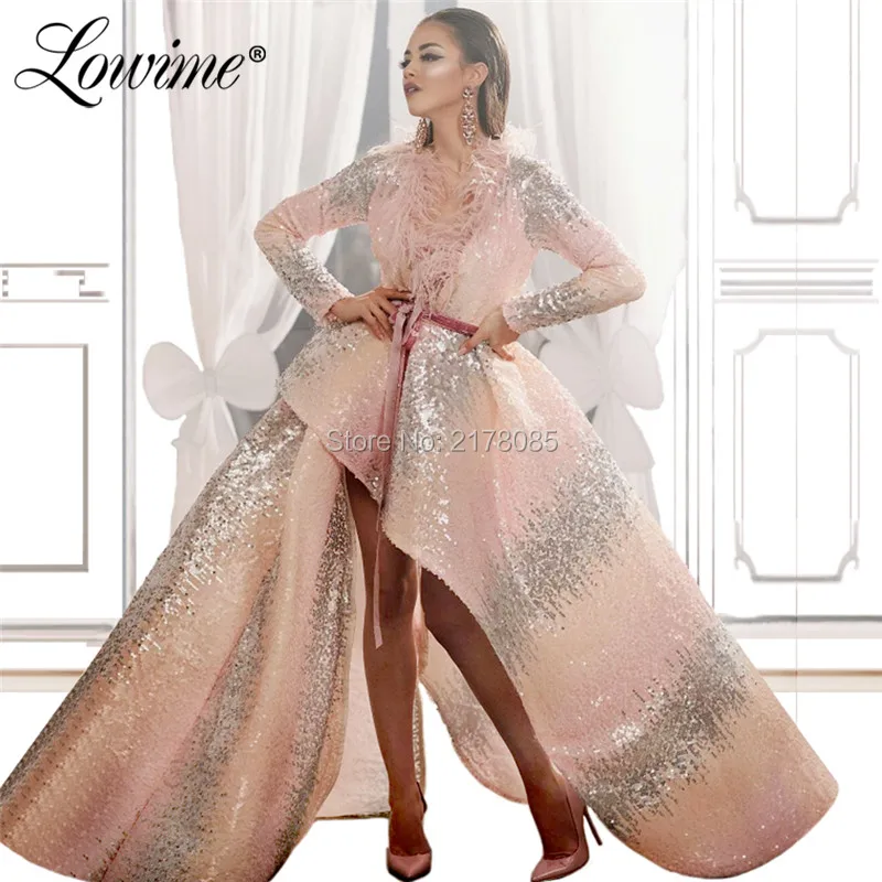 Special Design High Low Feather Prom Dresses Pink Sequined Silver Party Dress Arabic Evening Gown With Long Sleeves 2019 Vestido
Special Design High Low Feather Prom Dresses Pink Sequined Silver Party Dress Arabic Evening Gown With Long Sleeves 2019 Vestido