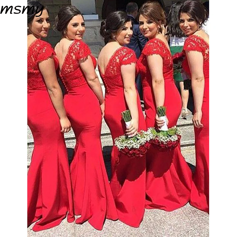 Pretty A-Line V-Neck Bridesmaid Dresses Cap Sleeves Red Cheap Long With Lace Custom Made | Свадьбы и торжества