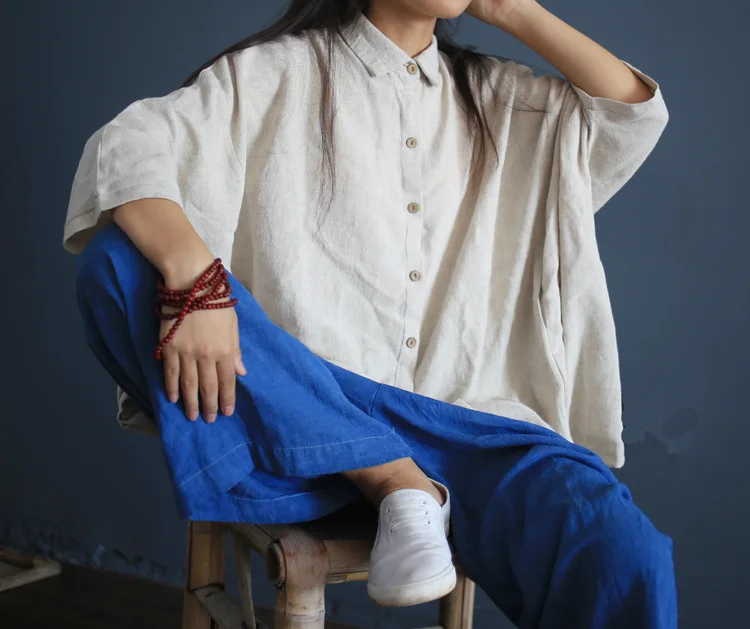 Рубашка женская льняная с отложным воротником свободная блузка длинным рукавом