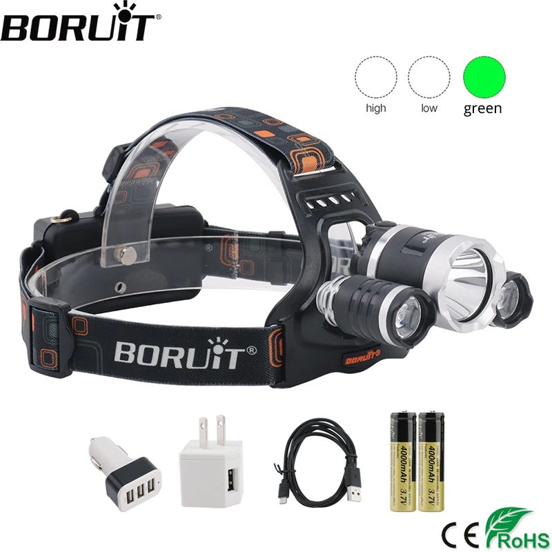 BORUiT T6 + 2 * XPE зеленый светодиодный Мощный налобный фонарь 3 режима лм фара