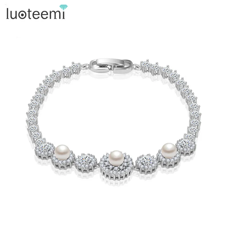 

LUOTEEMI New Arrival Classic Sparking White Simulated-Pearl Clear Cubic Zirconia Wedding Bracelet & Bangles for Women Jewellry