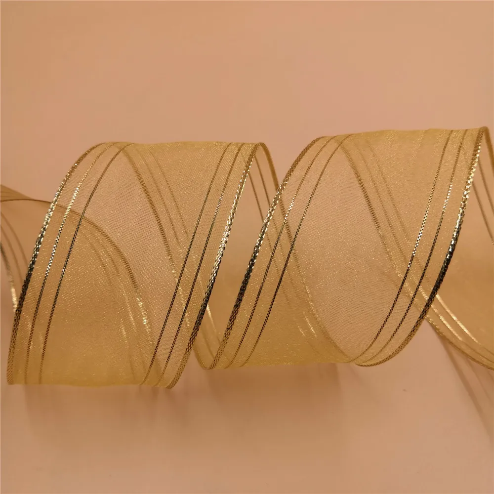 

38MM X 25yards roll Gold lurex edge organza ribbon for gift box wrapping wired edges N2148