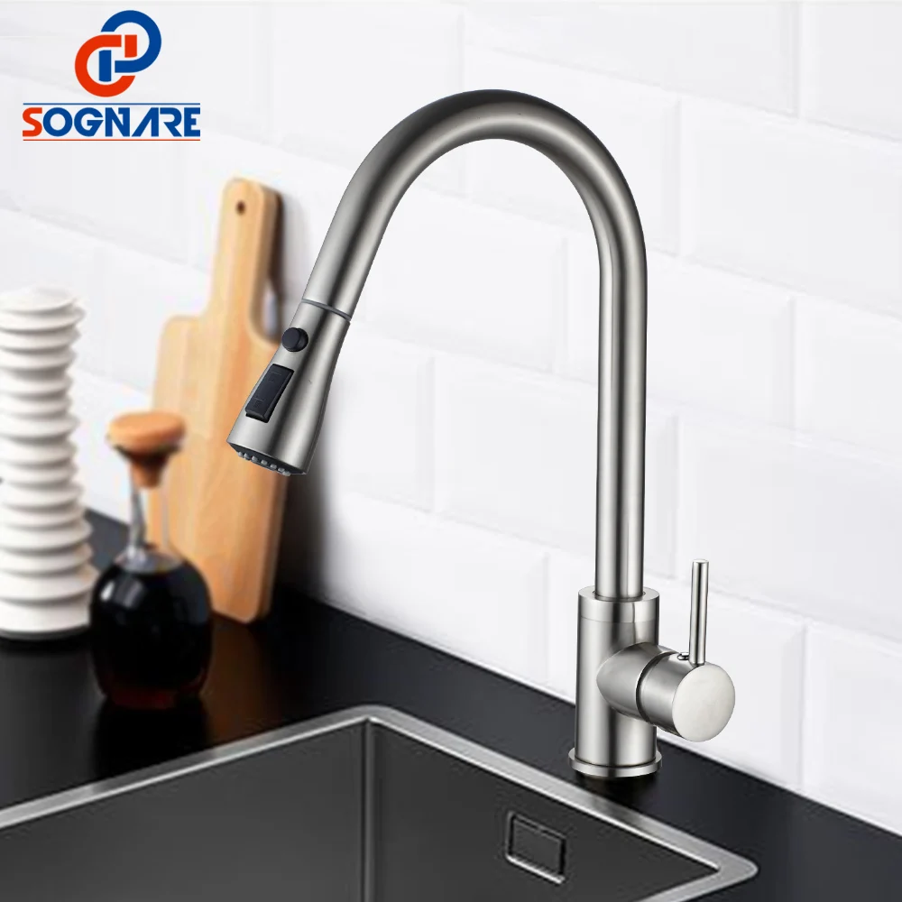SOGNARE Pull Out Kitchen Faucet Newly Design 360 Swivel Solid Brass Hot and Cold Single Hole Handle Water Tap Sink Mixer | Строительство