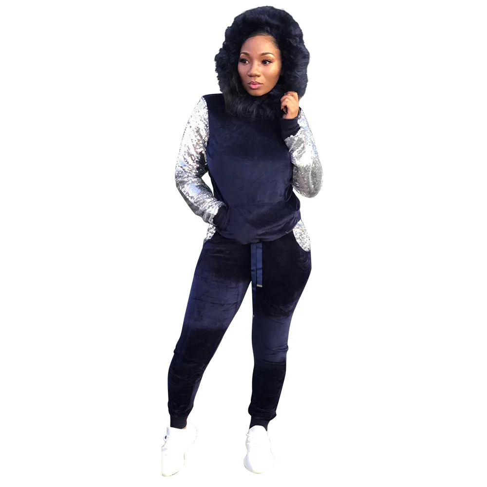 Women's Fashion Sequins Plush Hooded Sweater Trousers Two-piece Casual Suit