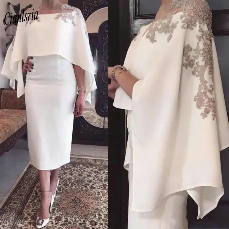 Elegant Boat Neck Tea Length Mother of the Bride Dresses With Cape Appliques Lace Sleeveless Short Formal Evening Party Dress
Elegant Boat Neck Tea Length Mother of the Bride Dresses With Cape Appliques Lace Sleeveless Short Formal Evening Party Dress
