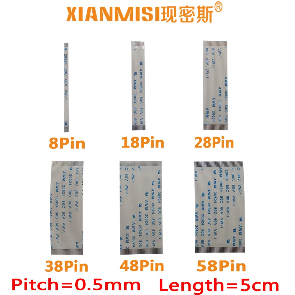 FFC/FPC Flat Flex Cable 8Pin 18Pin 28Pin 38Pin 48Pin 58Pin Same Side 0.5mm Pitch AWM VW-1 20624 20798 80C 60V Length 5cm 5PCS
FFC/FPC Flat Flex Cable 8Pin 18Pin 28Pin 38Pin 48Pin 58Pin Same Side 0.5mm Pitch AWM VW-1 20624 20798 80C 60V Length 5cm 5PCS