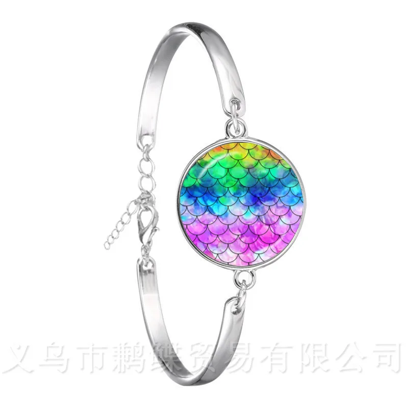 Classic 18mm Glass Cabochon Maxi Silver Plated Chain Bracelet Gift For Women Girls Kids Rainbow Scales Mermaid | Украшения и