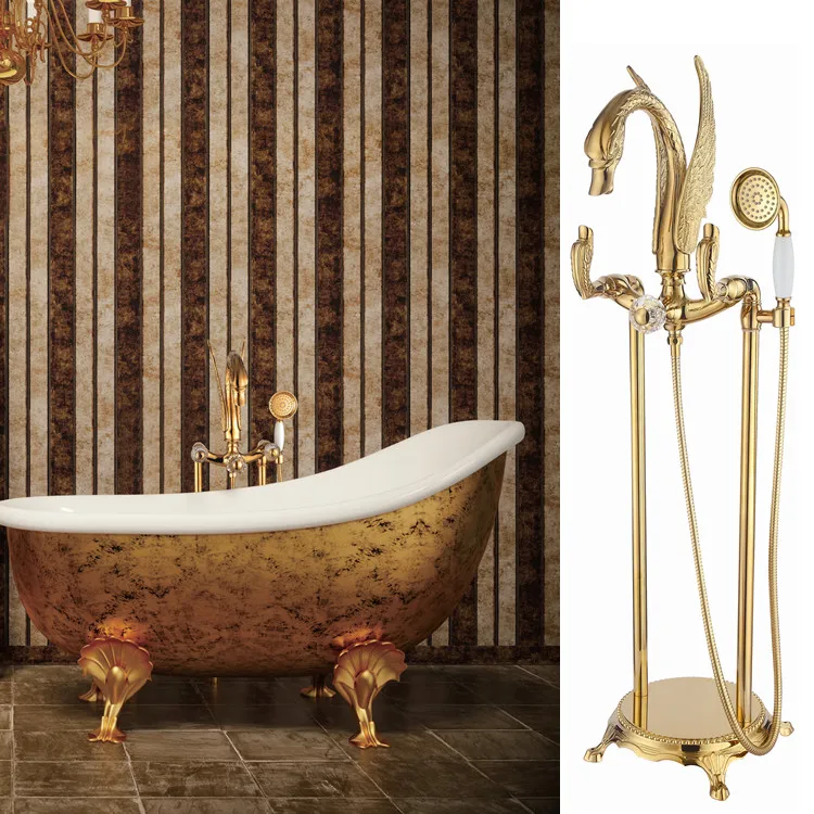 

Antique Floor Standing Gold Finish Pvd Swan Bath Shower Bathtub Faucet With Hand Shower Crystal Handles Or Swan Handles