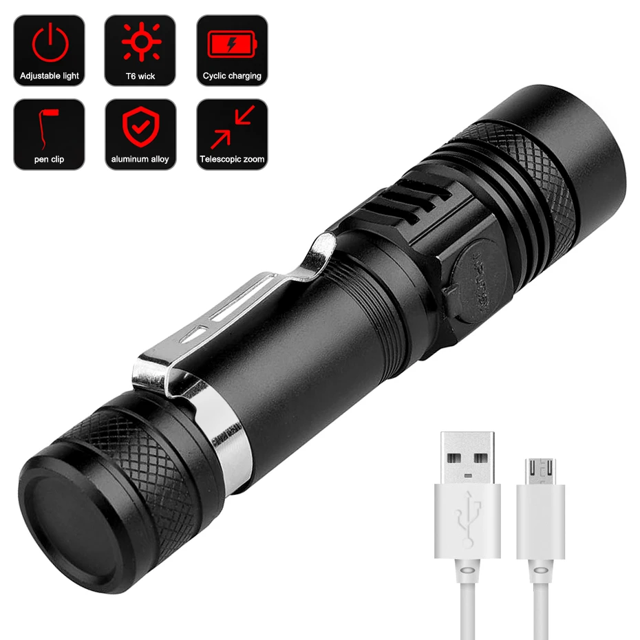IPX6 Водонепроницаемый фонарик 18650 XML T6 USB Перезаряжаемый фонарь es Zoom 3 режима 2000 лм