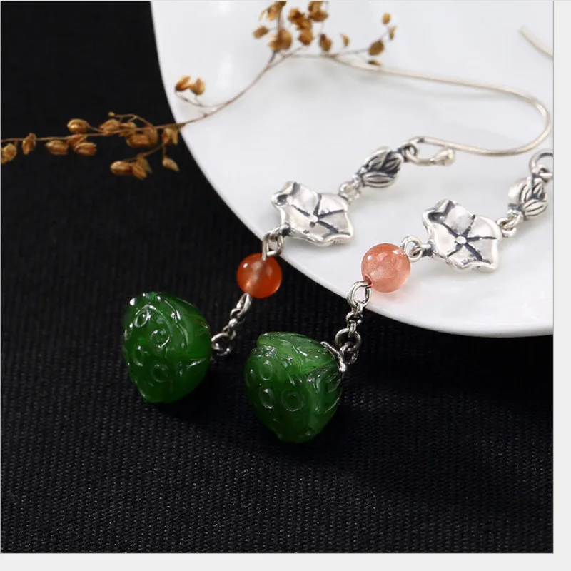 

Uglyless Real S 925 Sterling Silver Natural Jade Women Lotus Earrings Handmade Jasper Flower Brincos Vintage Ethnic Fine Bijoux