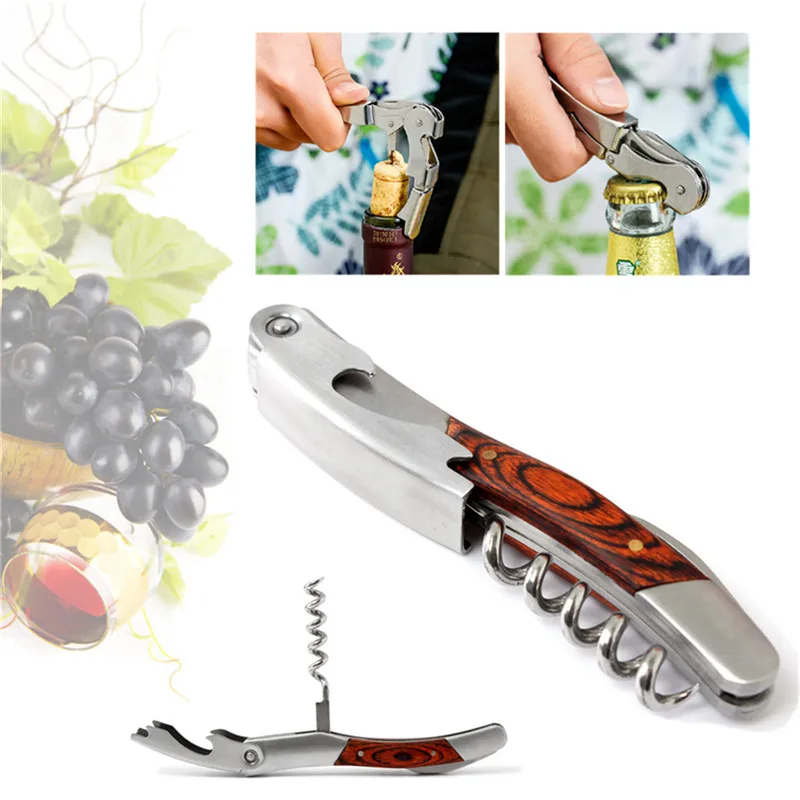 Home Kitchen Bar Wood Handle Stainless Steel Corkscrew Double Hinge Waiters Wine Bottle Opener | Дом и сад
