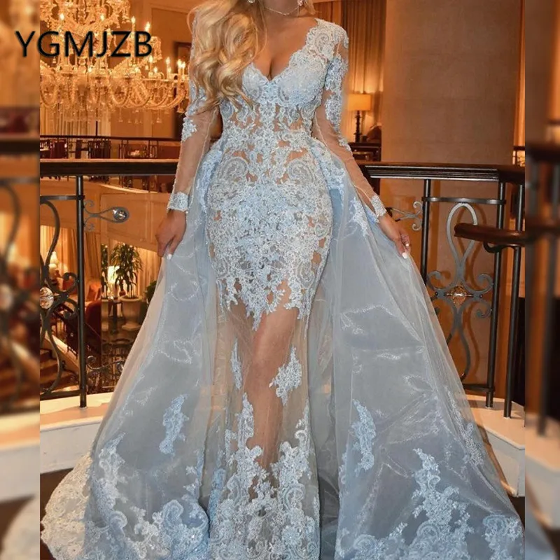 Sexy Long Sleeves Evening Dresses 2019 Mermaid Detachable Train Appliques Lace Tulle See Through Women Formal Party Prom Gown
Sexy Long Sleeves Evening Dresses 2019 Mermaid Detachable Train Appliques Lace Tulle See Through Women Formal Party Prom Gown