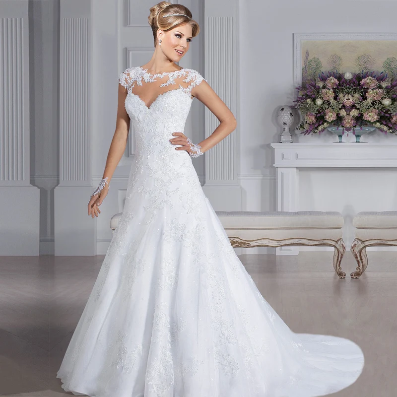 Elegant Sexy Sheer Back A-Line Wedding Dresses Appliques White Court Train Cap Sleeve O-Neck Bridal Gown
Elegant Sexy Sheer Back A-Line Wedding Dresses Appliques White Court Train Cap Sleeve O-Neck Bridal Gown