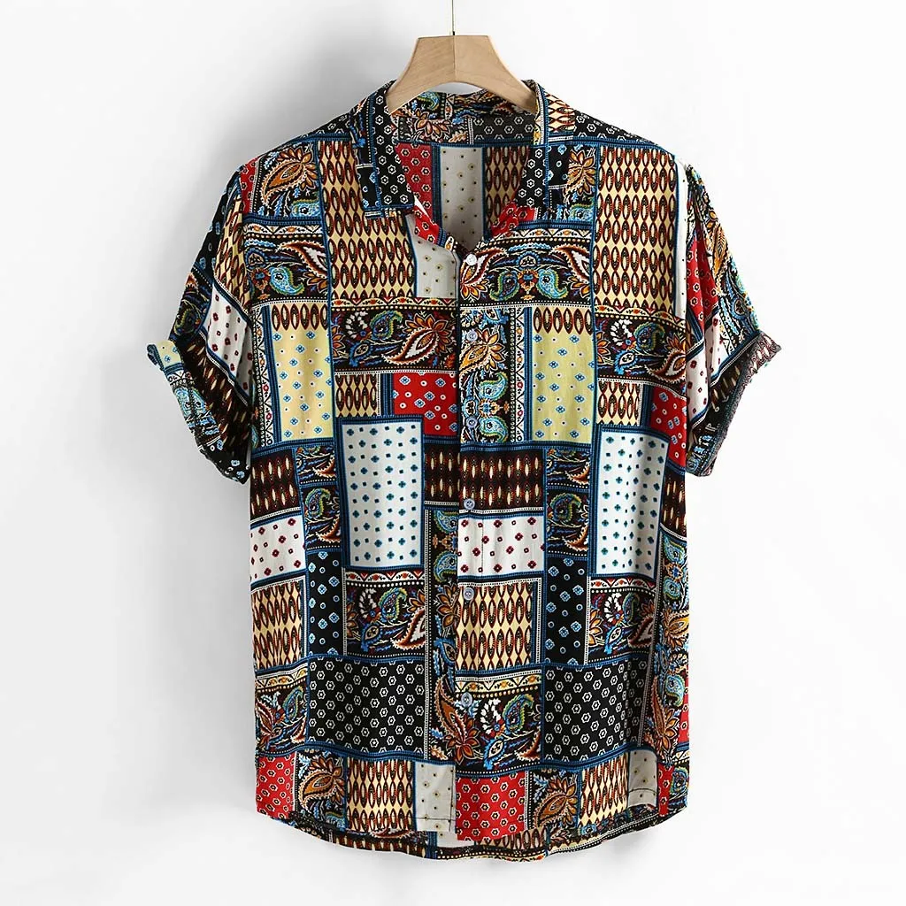 Фото Рубашка мужская с коротким рукавом этнический стиль винтажный принт свободная