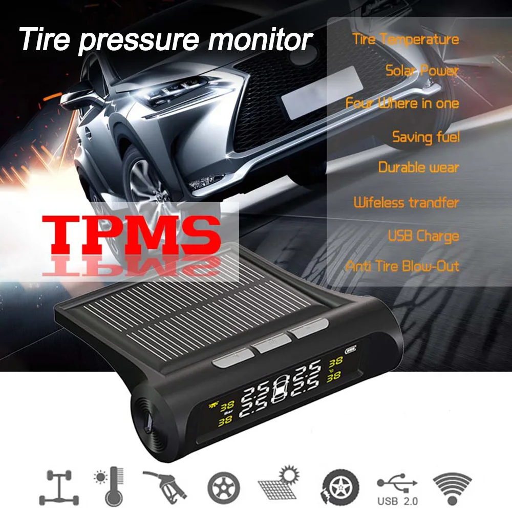 Автомобильная система контроля давления в шинах TPMS с солнечной зарядкой HD