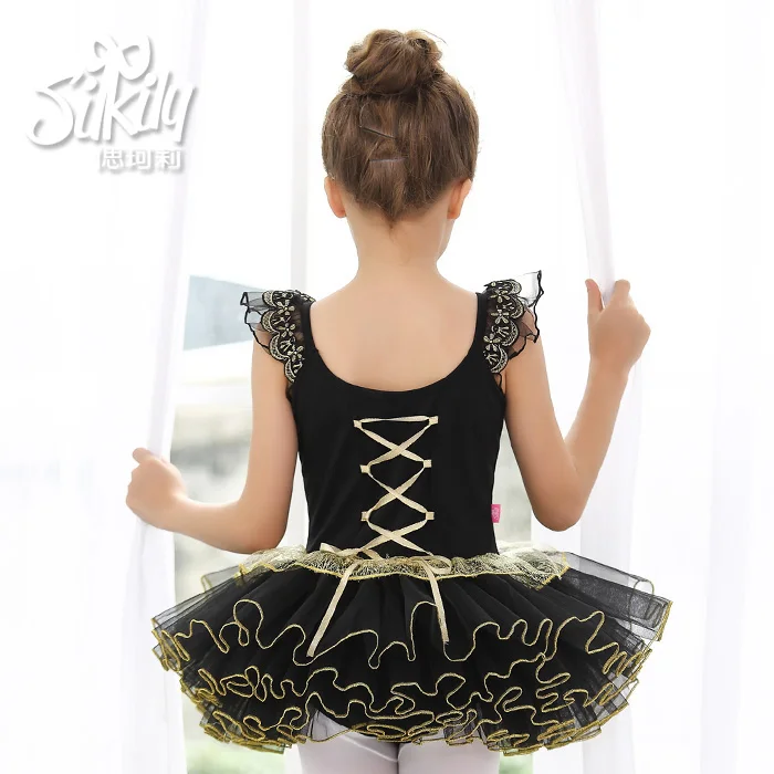 Детское балетное платье пачка для танцев девочек черное кружевное выступлений