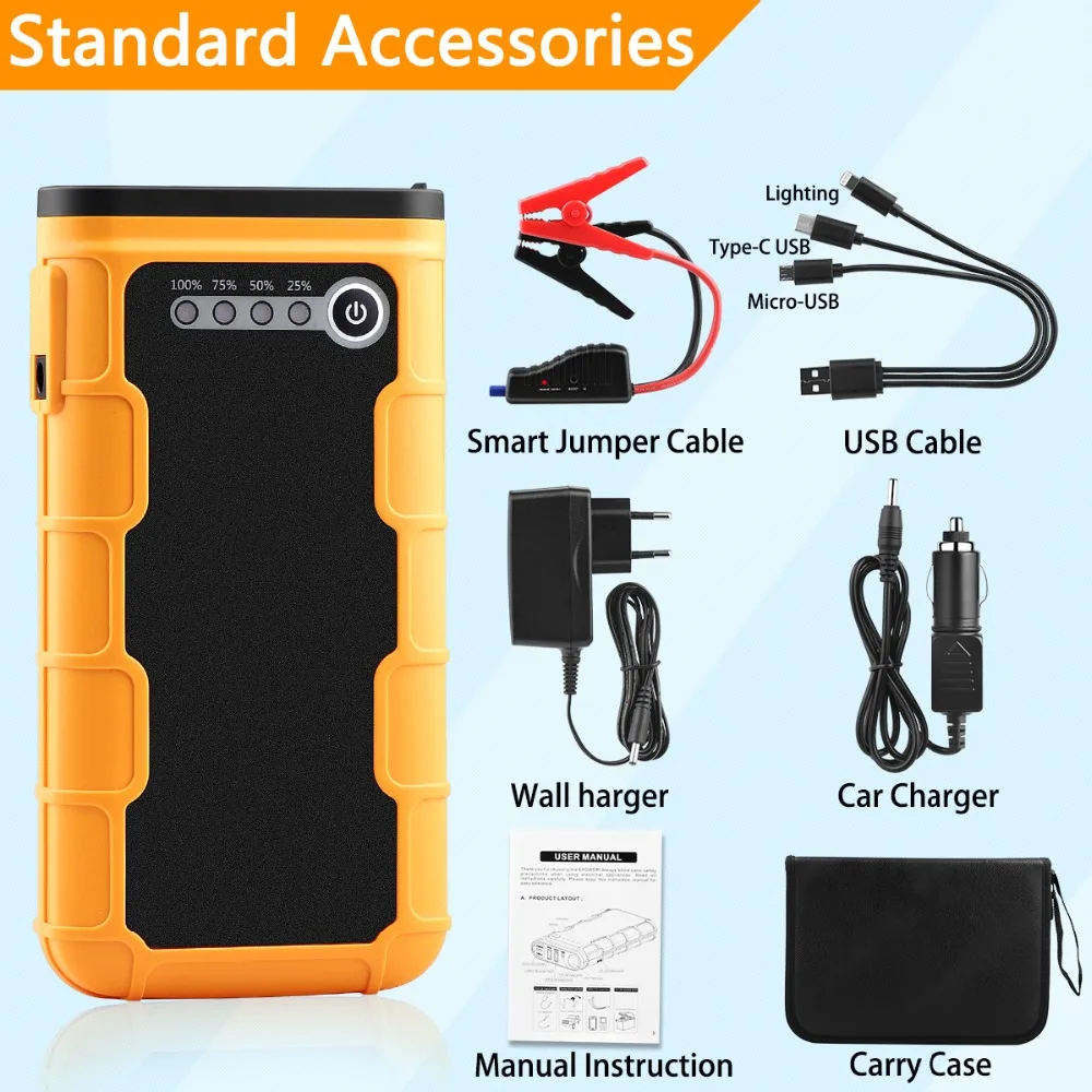 13000mAh Multi-function Car Jump Starter 600A External 12V Car BatteryVehicle Emergency Battery Booster Car Starter Power Bank
13000mAh Multi-function Car Jump Starter 600A External 12V Car BatteryVehicle Emergency Battery Booster Car Starter Power Bank
