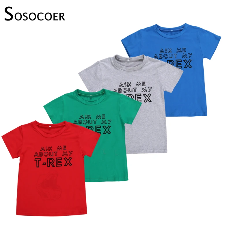 

SOSOCOER Dinosaur Masked Kids Boys T-shirt Summer Cartoon Animal Boy T Shirt Tops Ask Me About My T-Rex Printed Children Clothes