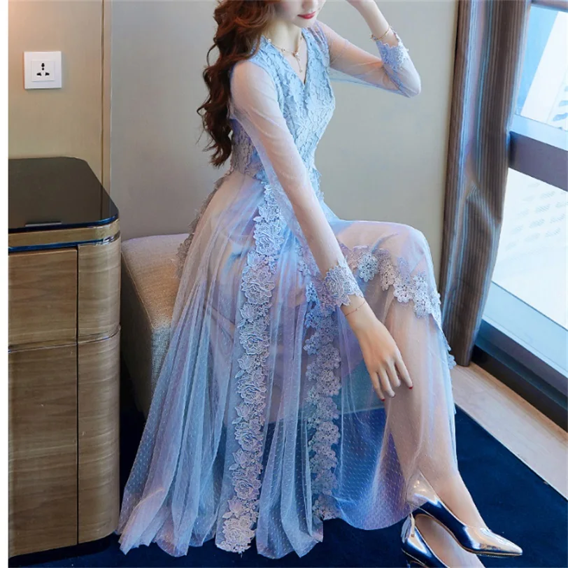 Spring and autumn new women's lace dress in the long paragraph Slim temperament sweet ladies gauze long-sleeved dress AN190220
Spring and autumn new women's lace dress in the long paragraph Slim temperament sweet ladies gauze long-sleeved dress AN190220