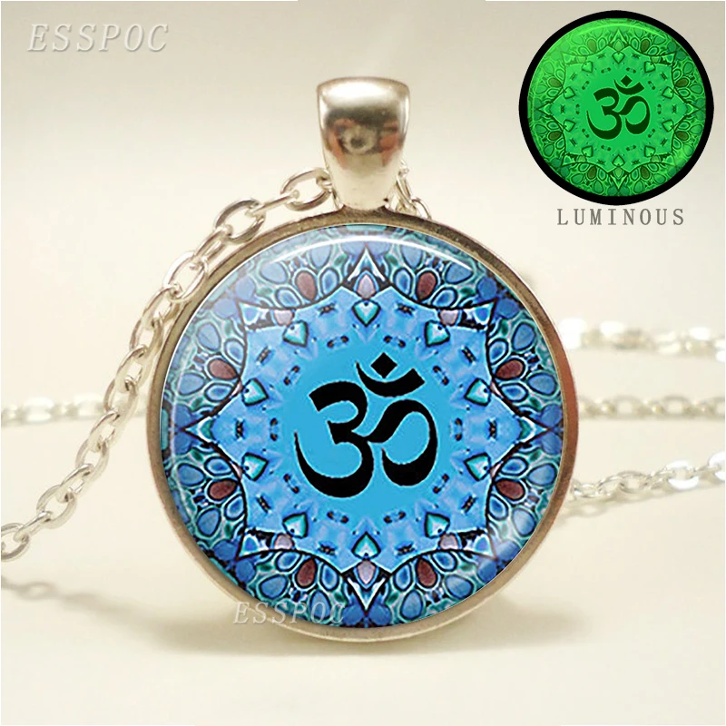 

Handmade Luminous Yaga Necklace Om Symbol Buddhism Mandala Glass Cabochon Pendant Islam Religion Art Jewelry