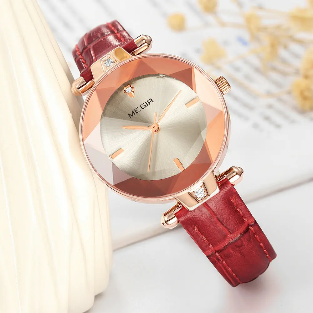 Женские кварцевые часы MEGIR элегантные с красным кожаным ремешком и бриллиантом