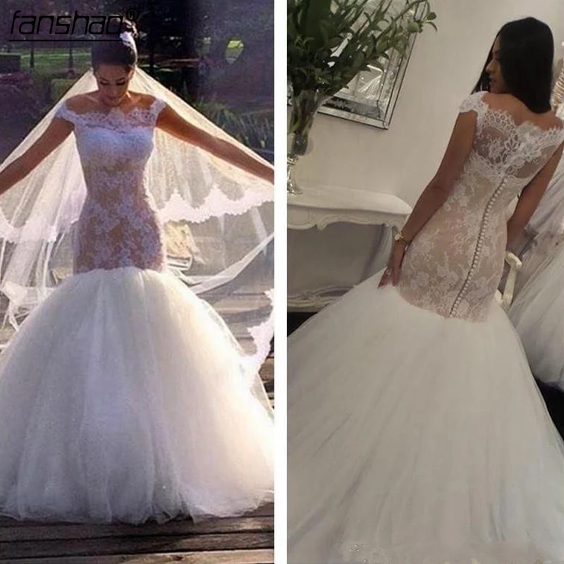 Sexy Off the Shoulder Lace Mermaid Wedding Dresses Appliques Buttons Puffy Tulle Long Bridal Gowns sweep train Wedding gown
Sexy Off the Shoulder Lace Mermaid Wedding Dresses Appliques Buttons Puffy Tulle Long Bridal Gowns sweep train Wedding gown
