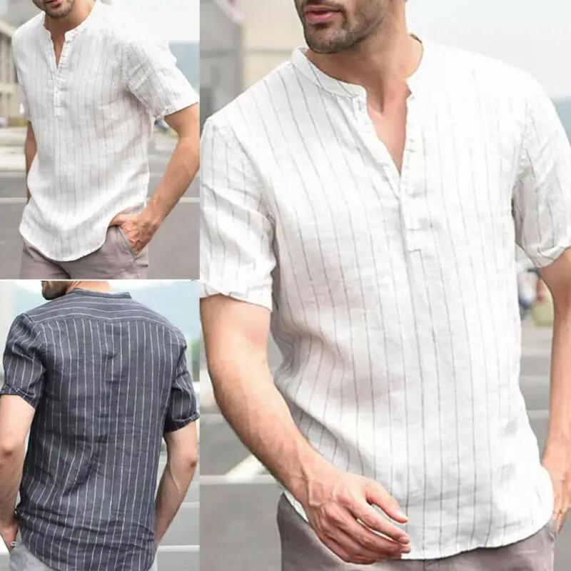Casual Men's Linen Striped Shirts Casual Blouse Cotton Loose Tops Short Sleeve V-Neck Shirts Size M-2XL camisa masculina
Casual Men's Linen Striped Shirts Casual Blouse Cotton Loose Tops Short Sleeve V-Neck Shirts Size M-2XL camisa masculina