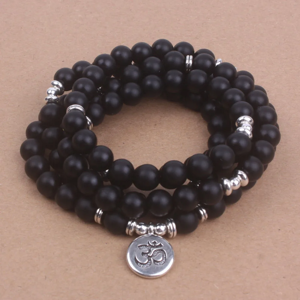 

Black frosted onyx beads with Lotus OM Buddha Charm Yoga Bracelet or Necklace Natural stone 108 mala jewelry dropshipping