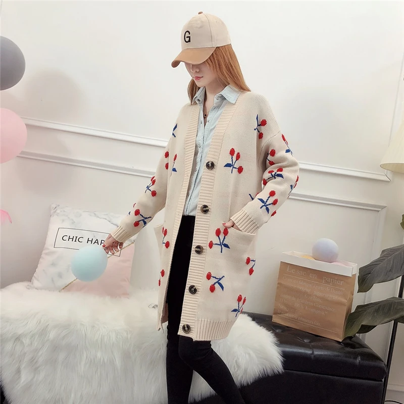 Women Long Knitted Sweater Cardigan Female Cherry Print Warm Jacket Fashion Ladies Winter Pocket Outerwear AA11929 |