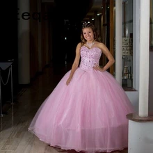 Розовое Тюлевое платье для Quinceanera 2020 Пышное Бальное принцессы с