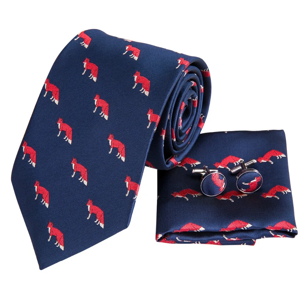 Hi-Tie Blue Animal Fox Tie Silk Necktie and Pocket Square Cufflinks Set Wedding Party Fashion Male for Men 8.5cm SN-3038 | Аксессуары