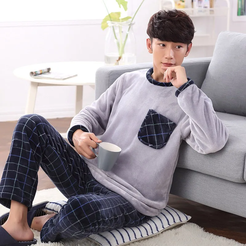 JINUO новый дизайн 9 видов стилей зима Для мужчин пижамы с круглым вырезом Flannel Pajama Set