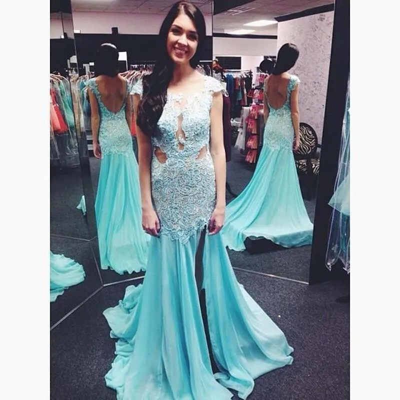 Sky Blue Chiffon Lace Mermaid Evening Dresses New Sexy Scoop Neckline Backless Cheap Fashion Prom Party Formal Gowns
Sky Blue Chiffon Lace Mermaid Evening Dresses New Sexy Scoop Neckline Backless Cheap Fashion Prom Party Formal Gowns